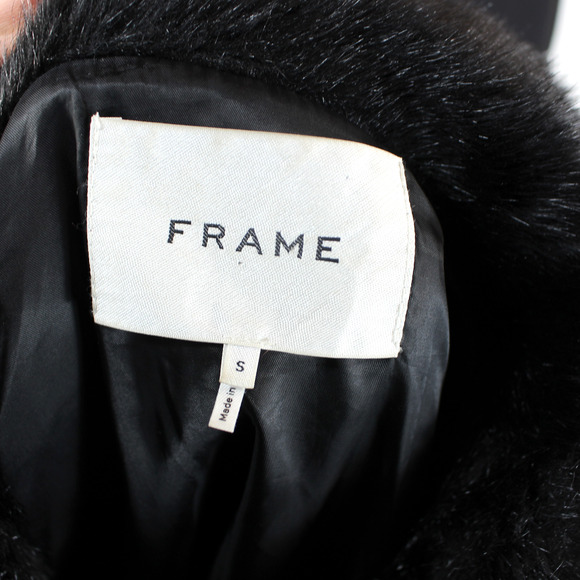 Frame Faux Fur Coat Black Button Up Mid Length Collared Jacket Size Small S - Picture 6 of 7